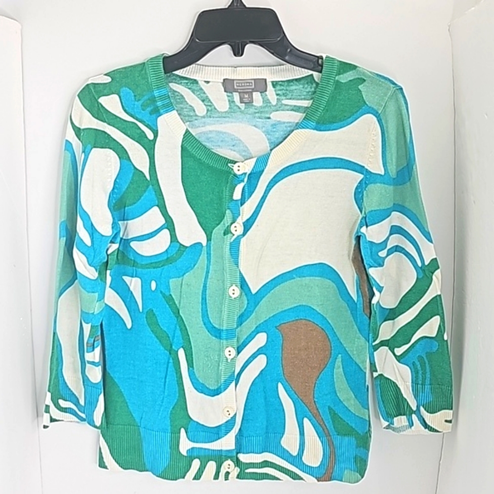 Merona Woman Cardigan, Size Medium, Color turquoise, white, green, brown